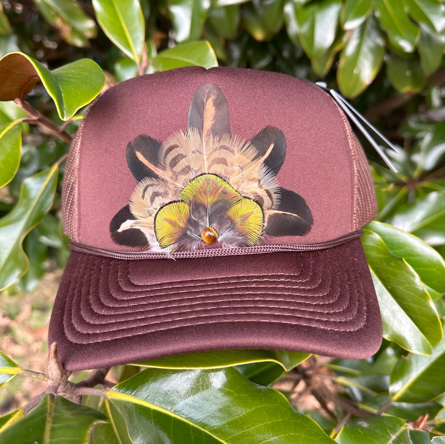 Neutral Brown Feather Trucker Hat - Cruelty Free