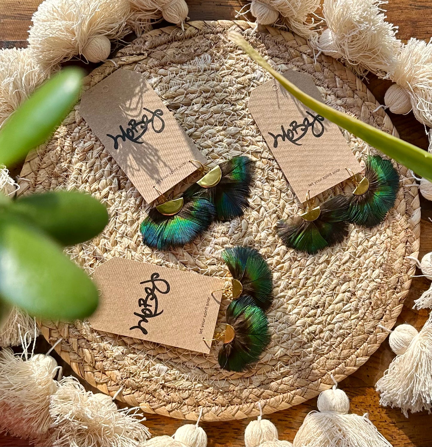 Large Emerald Green Peacock Feather Earrings - Cruelty Free