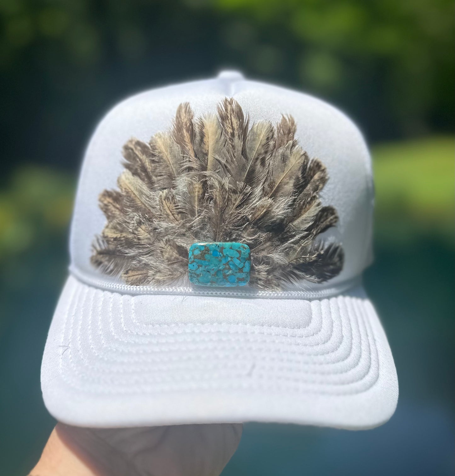 Neutral Beige & Brown Peahen Feather Trucker Hat - Cruelty Free
