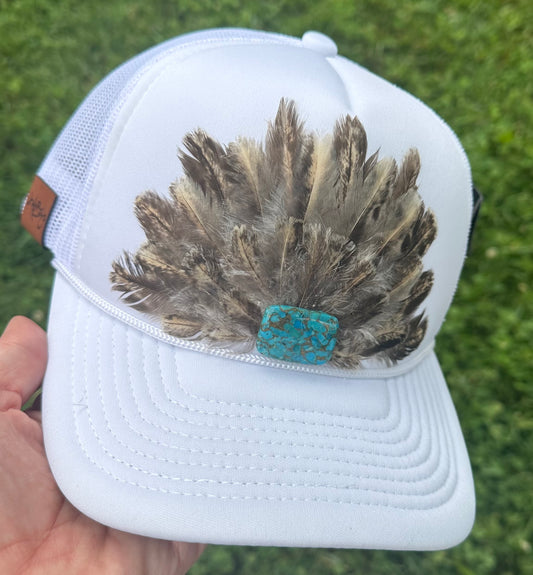 Neutral Beige & Brown Peahen Feather Trucker Hat - Cruelty Free