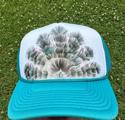 Iridescent Peacock Feather Trucker Hat - Cruelty Free