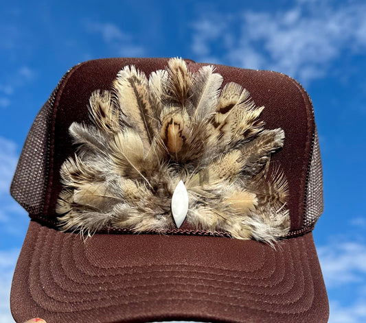 Neutral Beige & Brown Feather Trucker Hat - Cruelty Free