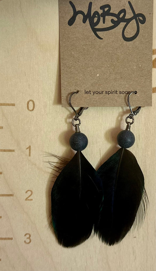 Black Shoulder Peacock Feather Earrings - Cruelty Free